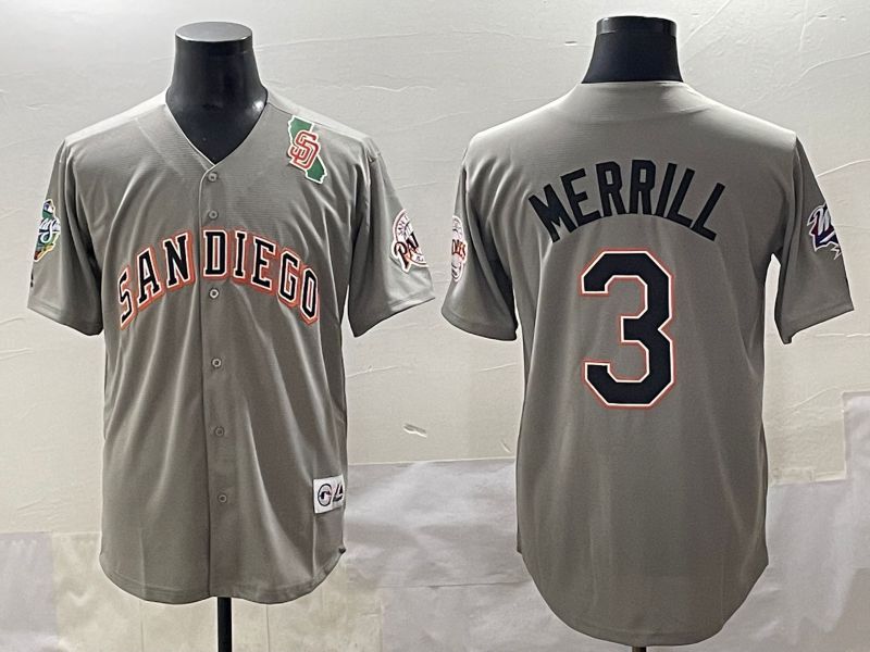 Men 2025 San Diego Padres #3 Merrill Grey Throwback Game Nike MLB Jersey style 6